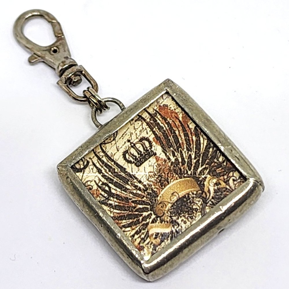 Rare Vintage Crown Wings Fleur de Lis Two Sided Glass Pewter Swivel Clip Charm